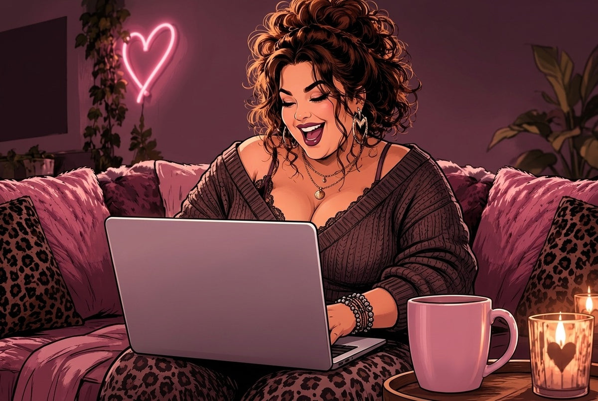 Lachende Frau mit Laptop auf dem Sofa – Illustration zur CurvyRausch Facebook-Community für Plus-Size-Mode