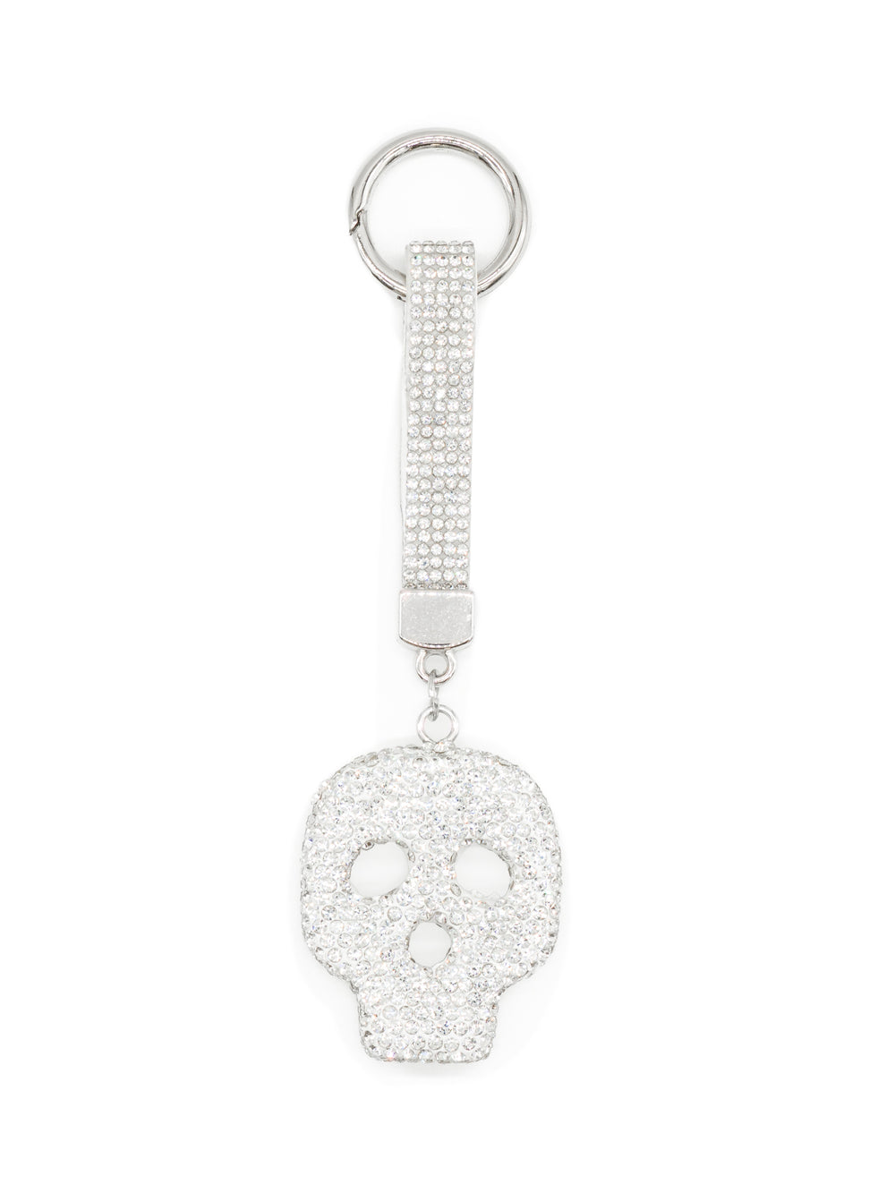 Schlüssel- und Taschenanhänger Skull mit klarem Strass – Totenkopf an breiter Strasslasche mit silberfarbenem Schlüsselring, von CurvyRausch
