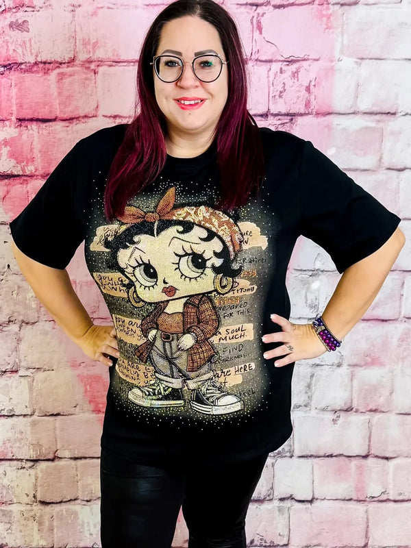 Shirt "Betty" mit Strass & Trend - Motiv – in großen Größen von CurvyRausch. Stylische Plus Size Fashion für kurvige Frauen.