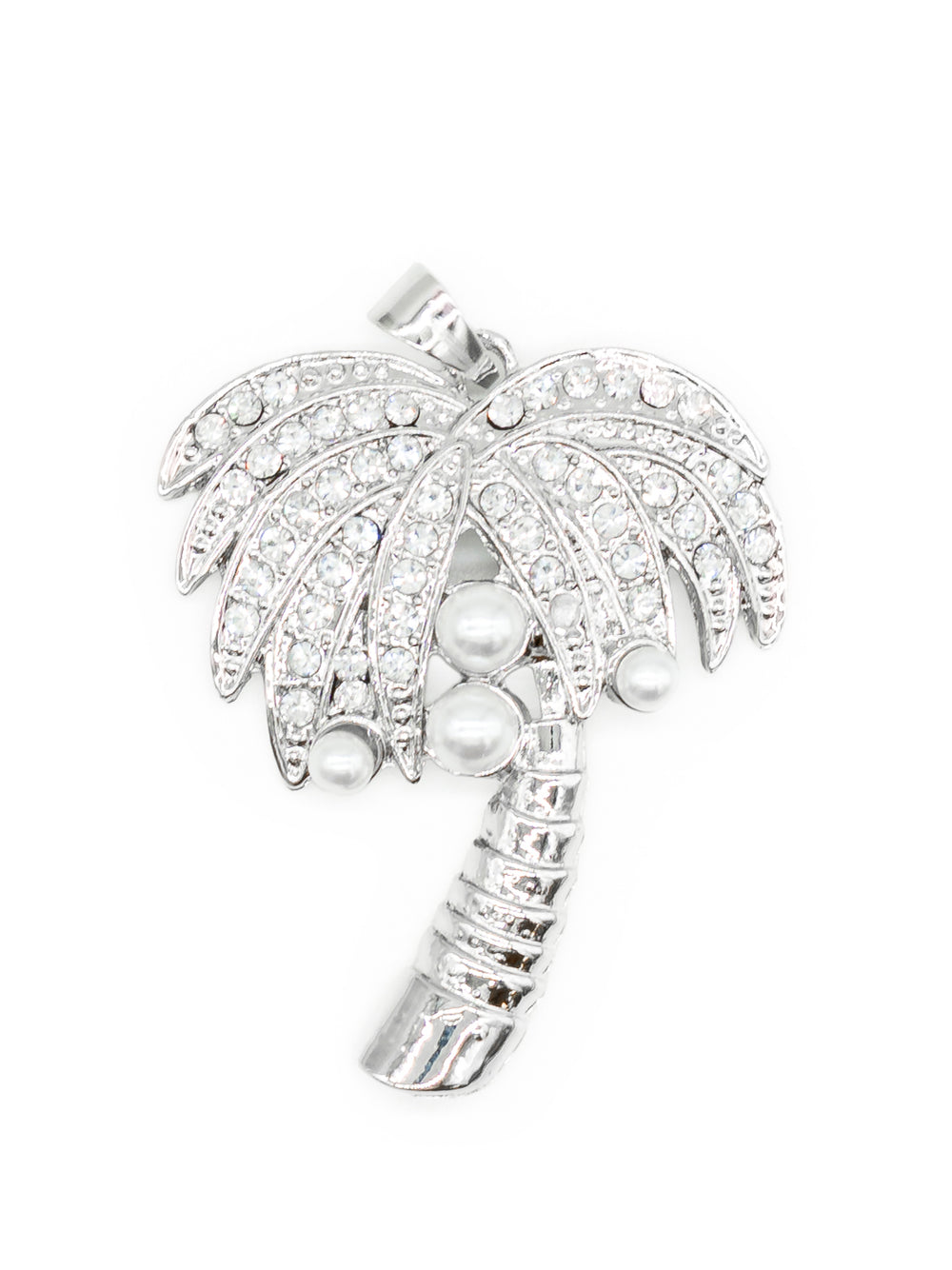 Vario Anhänger Palme in Silber – Palmwedel dicht mit klarem Strass besetzt, drei Perlen unter der Krone, geschwungener Stamm mit Ringstruktur, von CurvyRausch