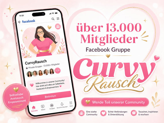 Grafik zur CurvyRausch Facebook-Gruppe mit Smartphone, CurvyRausch-Logo und Hinweis auf über 13.000 Mitglieder. Die Gruppe lädt Frauen ein, Plus Size Mode, Styling-Ideen und Curvy Community zu entdecken.