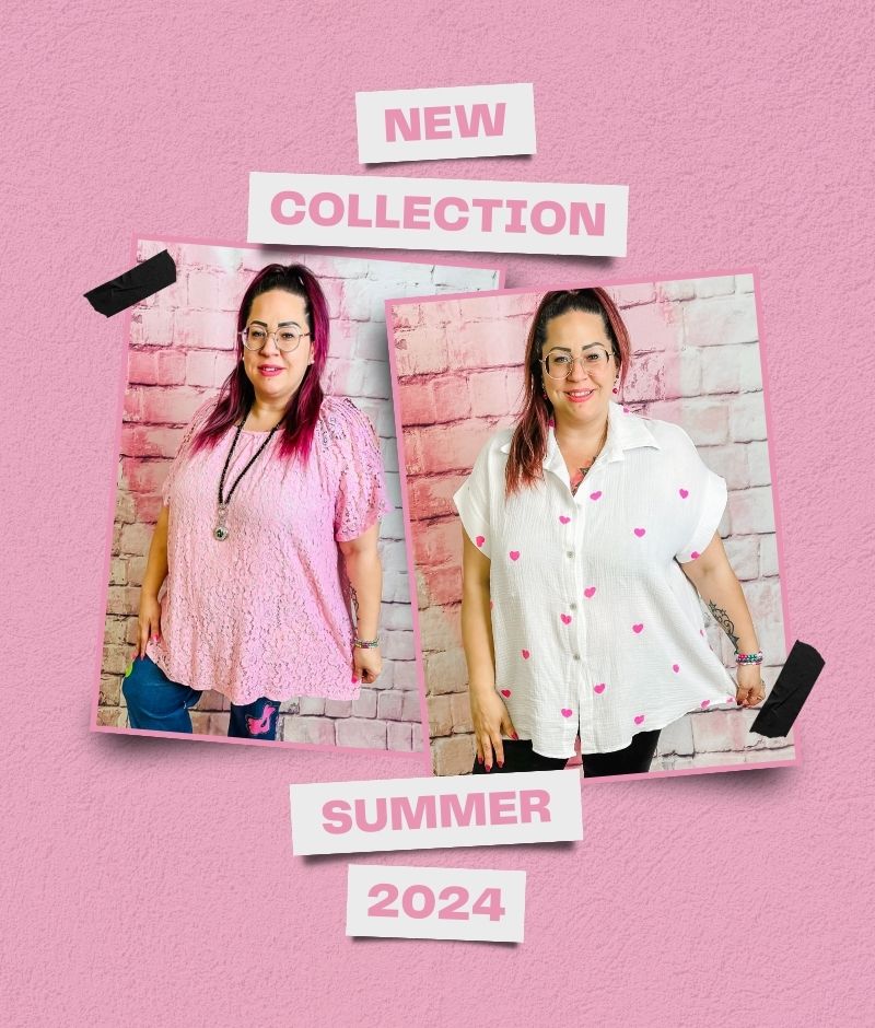 2 Bilder der neuen Sommerkollektion auf rosa Hintergrund und den Worten New Collection Summer 2024