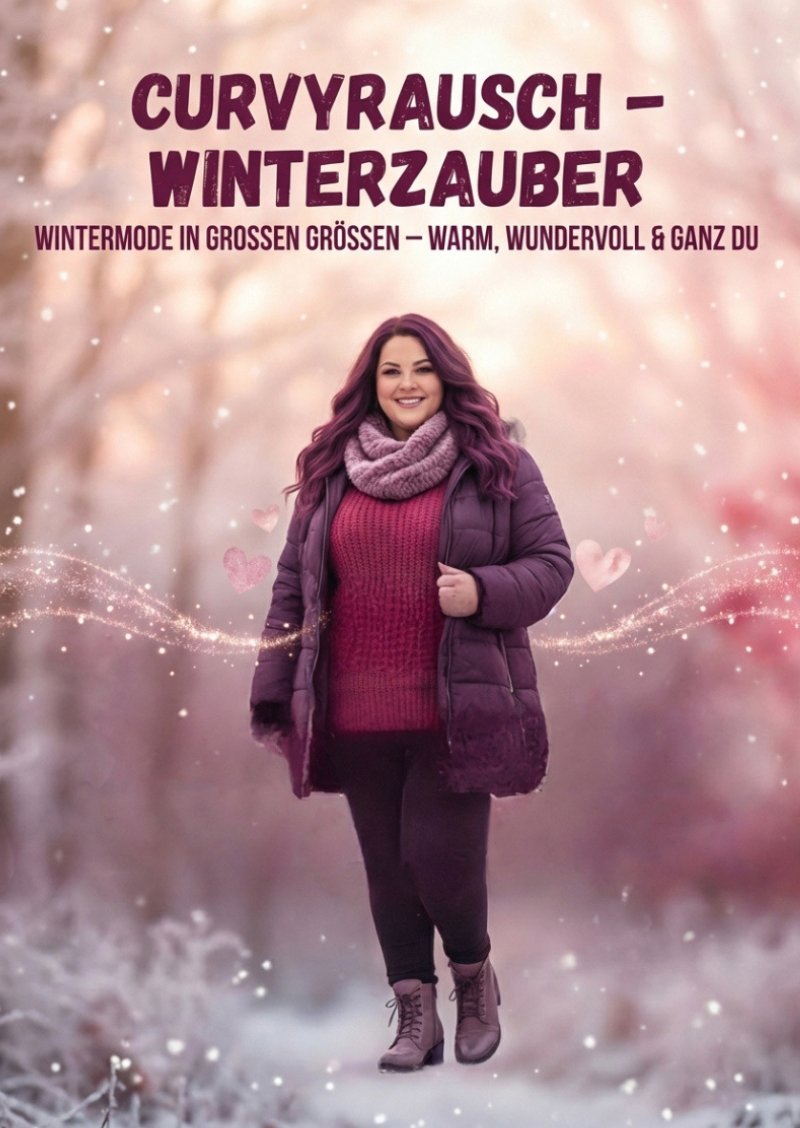 Curvy Frau in warmer Wintermode mit Strickschal und Jacke, umgeben von winterlicher Natur – CurvyRausch Mode in Großen Größen