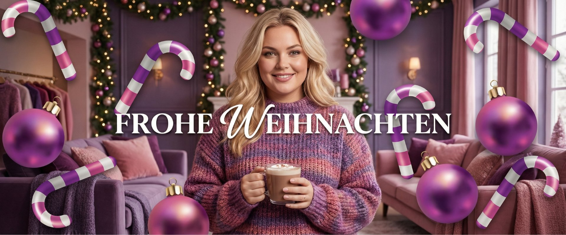 Frau in cozy Weihnachtslook in Großen Größen mit Strickpullover und Heißgetränk, festliche Plus Size Damenmode für Weihnachten bei CurvyRausch