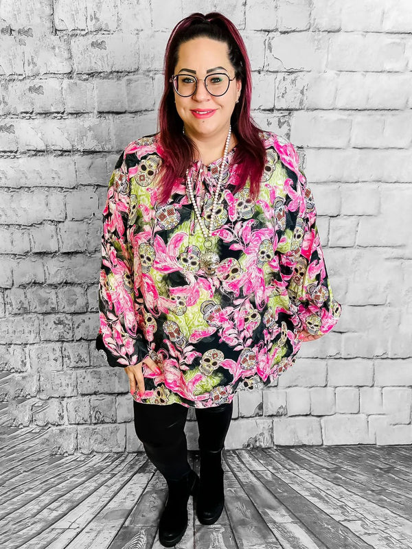 Blusenoberteil mit Skull - & Blumenprint - CurvyRausch - Neuheit - Plus Size Damenmode