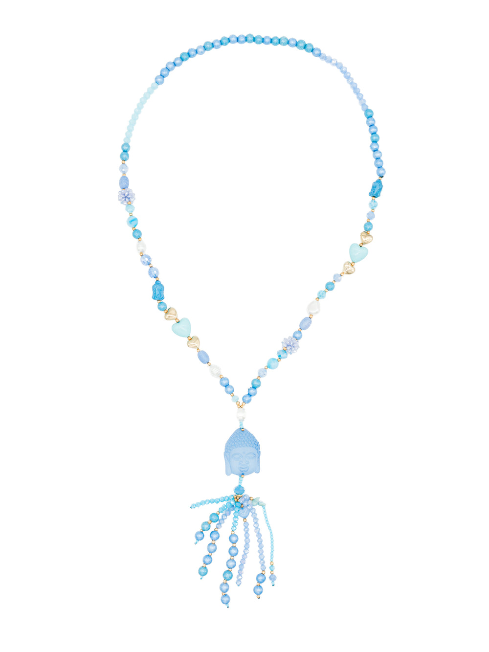 Boho Kette Buddakopf in Blautönen – lange Perlenkette, ca. 120 cm, mit hellblauem Buddhakopf und Perlenquaste von CurvyRausch