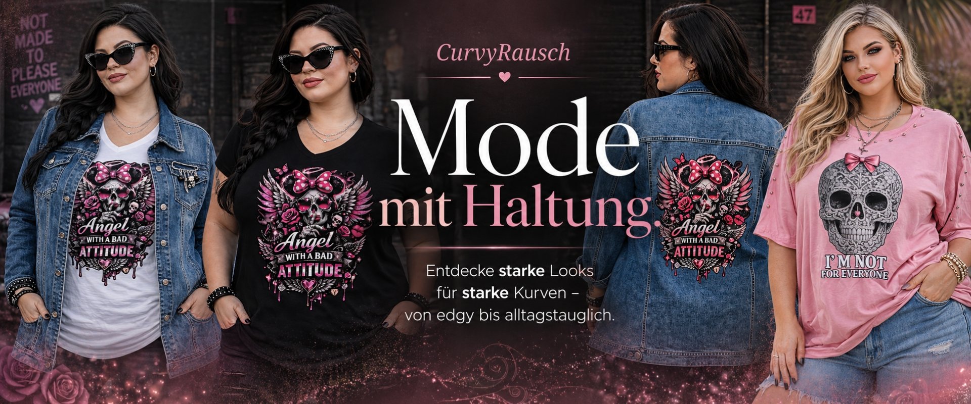 CurvyRausch Hero Banner mit Plus Size Looks im Rock-Chic Stil, Denimjacken und Statement-Shirts für selbstbewusste Kurven