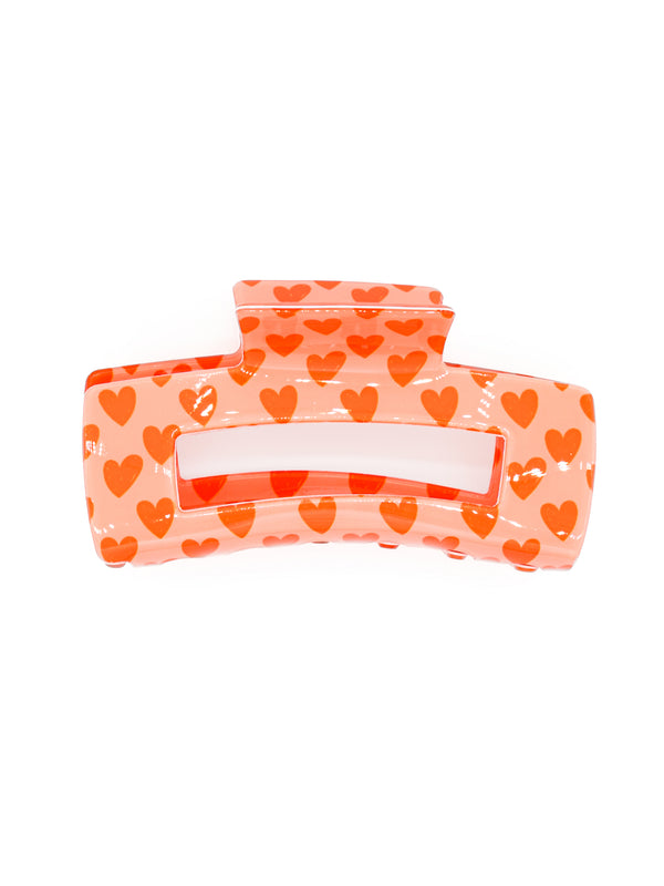 Haarklammer Herzen von Zwillingsherz – lachsfarbene Claw Clip mit orangeroten Herzen und offenem Fenster, Vorderansicht, von CurvyRausch