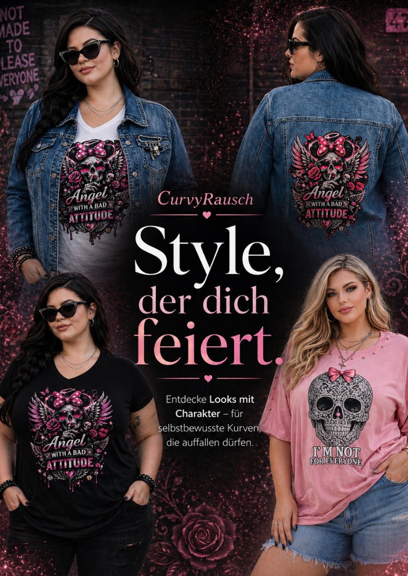 Mobile CurvyRausch Hero Grafik mit curvy Models in Denim, Schwarz und Pink, Statement-Shirts und selbstbewusster Plus Size Mode