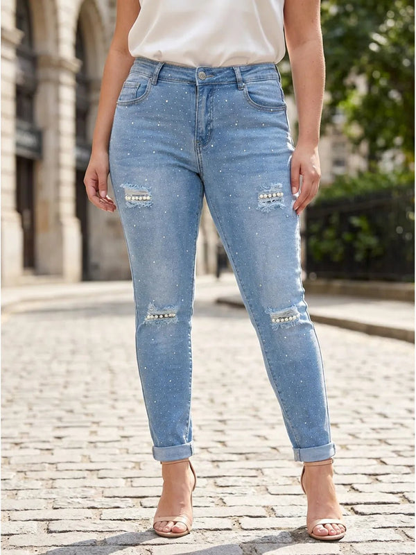 Jeans mit Strass, Perlen und Cutouts – zweite Ansicht