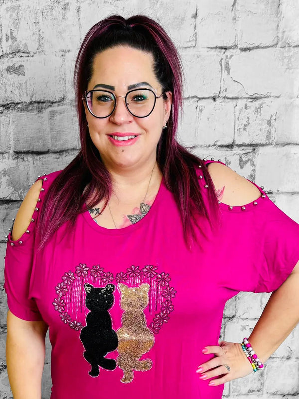 Katzen - Shirt mit Cut - out - Ärmeln und Perlen - CurvyRausch - Neuheit - Plus Size Damenmode