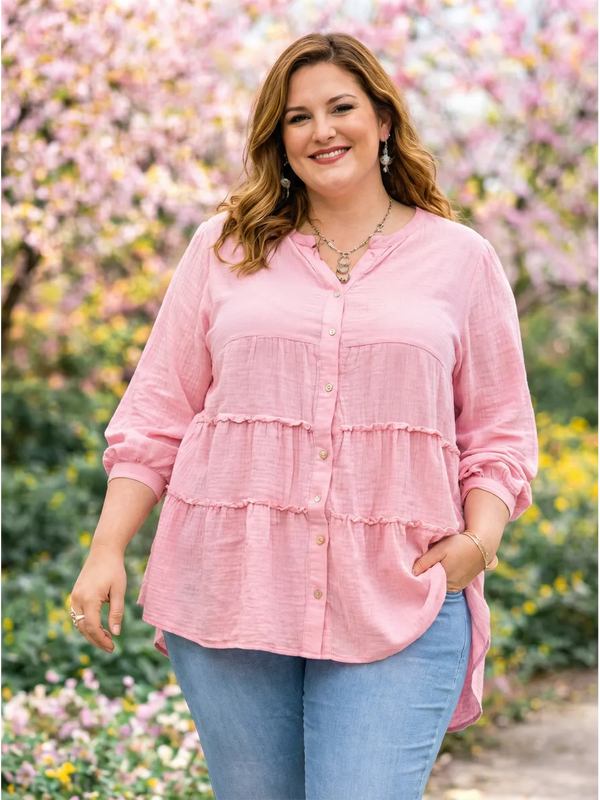 Musselin Bluse Rosa in A - Linie – in großen Größen von CurvyRausch. Stylische Plus Size Fashion für kurvige Frauen.