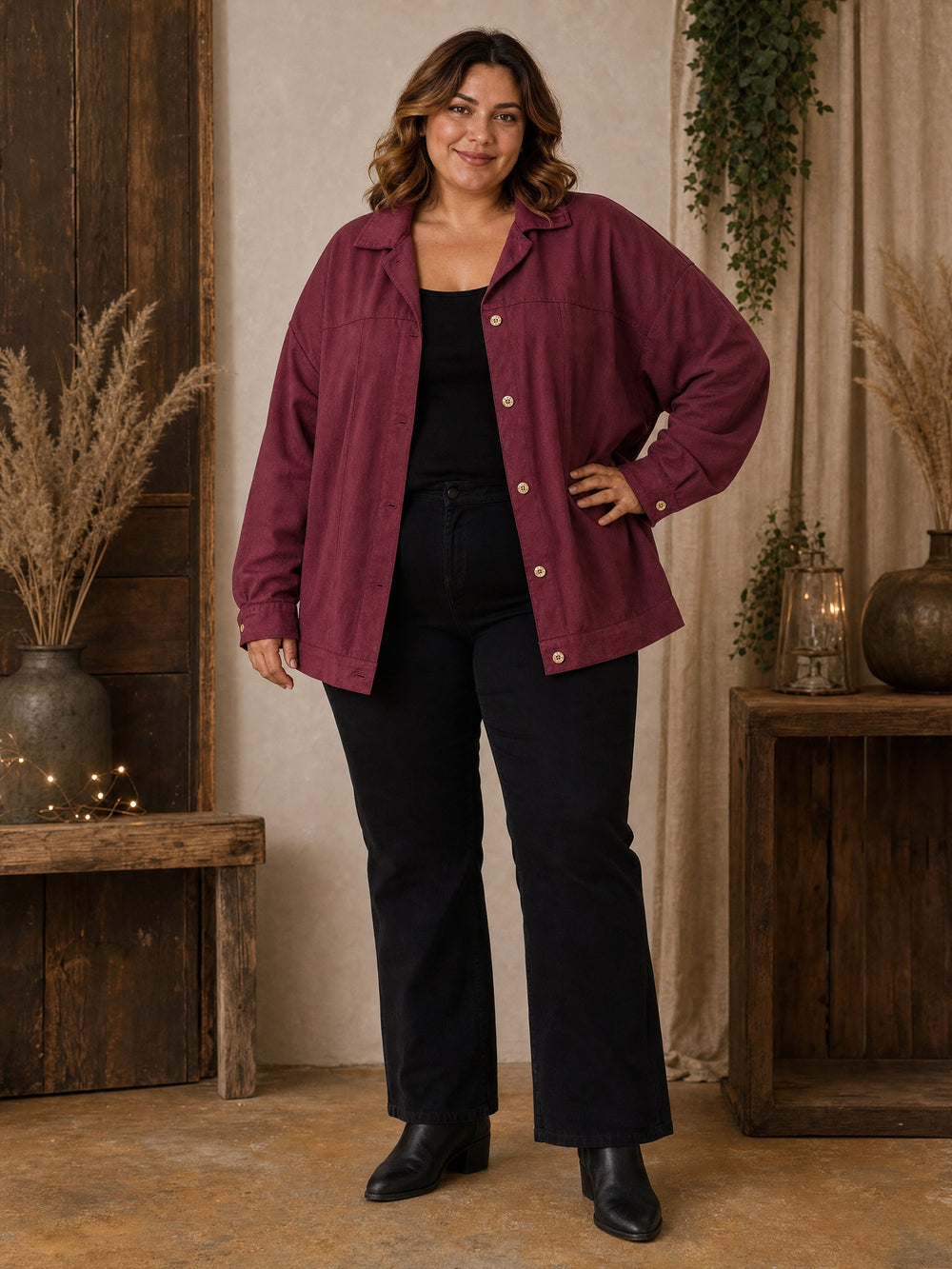 Oversize Jeansjacke mit Abnähern in Bordeaux, offen getragen über schwarzem Top – cremefarbene Hornknöpfe und breiter Saumbund, in großen Größen von CurvyRausch