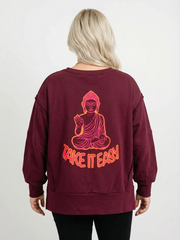 Pullover Take it easy mit Buddha Print – in großen Größen von CurvyRausch. Stylische Plus Size Fashion für kurvige Frauen.