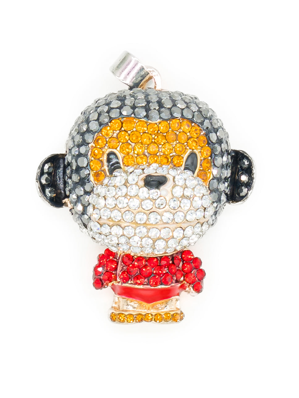 Vario Anhänger Affe mit Strass – Affenkopf in grauem und orangefarbenem Strass mit weißer Schnauze und rotem Halstuch, Modeschmuck von CurvyRausch