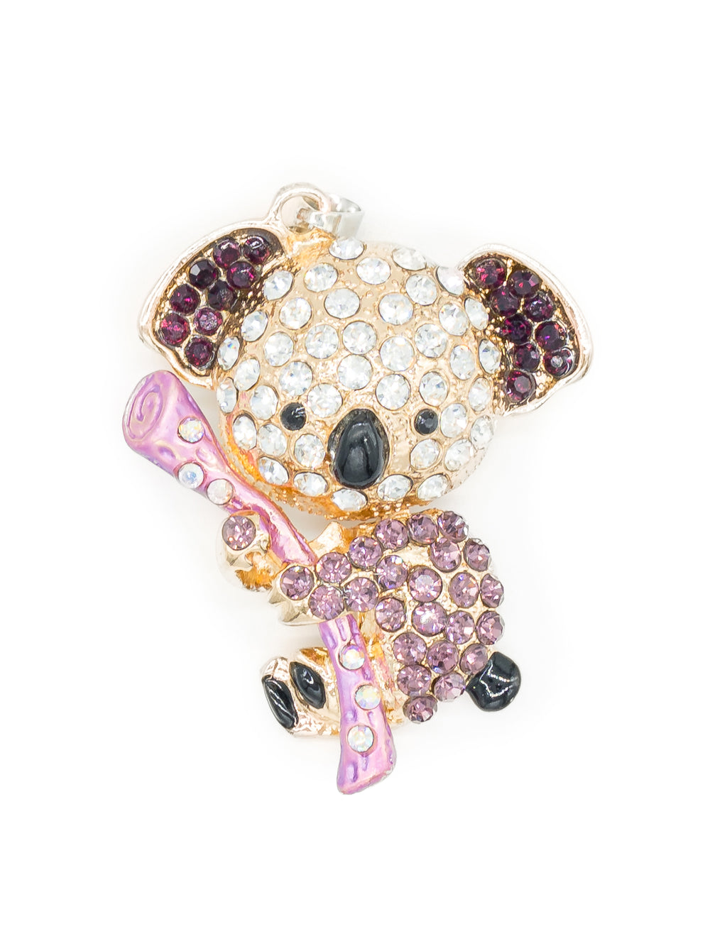 Vario Anhänger Koala mit Strass – Koala am Ast, Kopf in klarem Strass, Körper in Flieder, Ohren in Beere, goldfarbene Fassung, von CurvyRausch