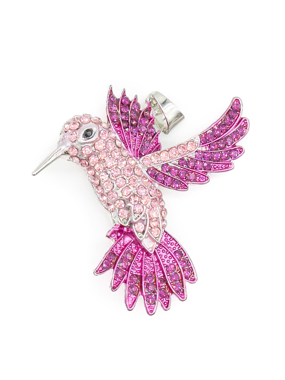 Vario Anhänger Kolibri mit Strass – fliegender Kolibri in rosa und pinkem Strass mit silberfarbener Fassung, von CurvyRausch