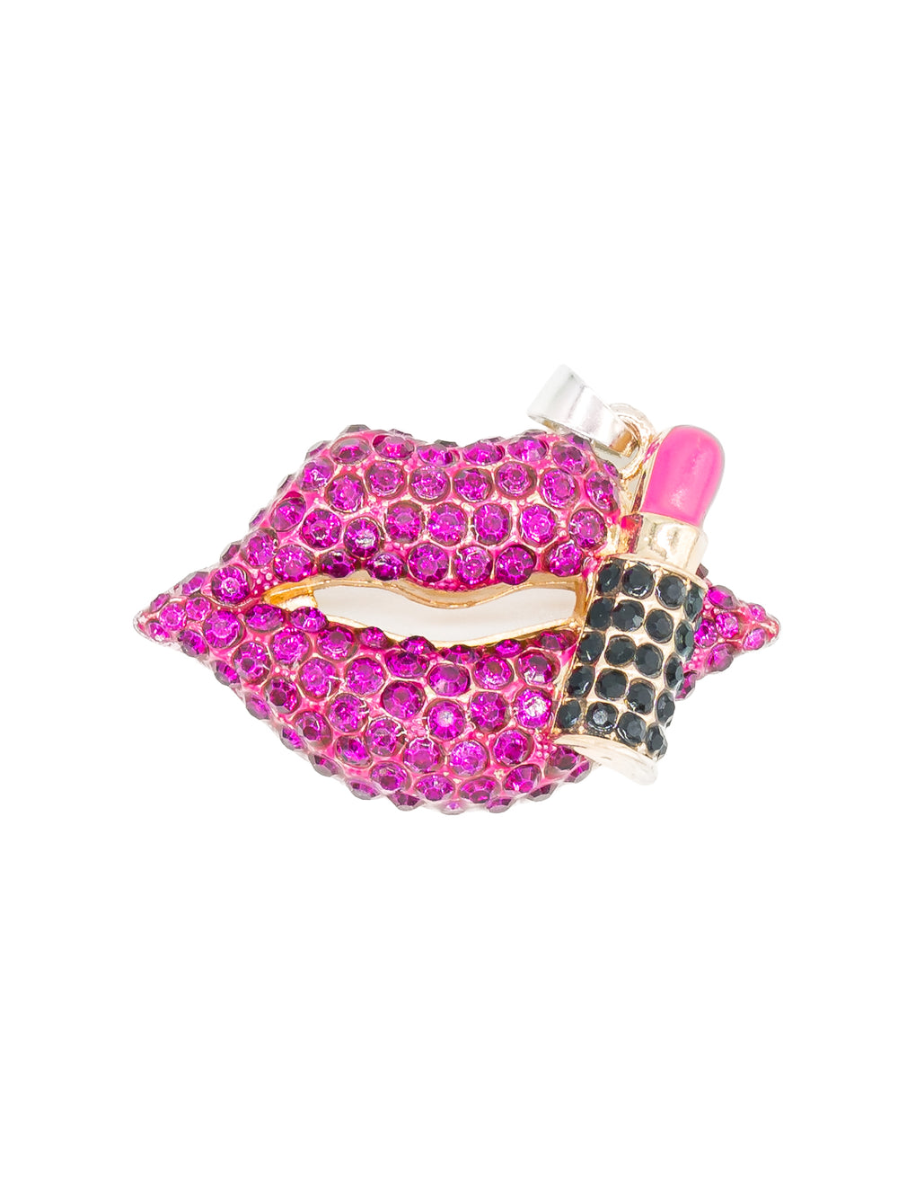 Vario Anhänger Lippen mit Strass in Pink – Kussmund komplett mit Strasssteinen besetzt, daneben ein Lippenstift mit schwarzem Strass, Modeschmuck von CurvyRausch