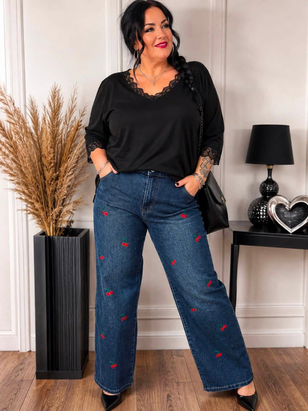 Wide Leg Jeans Cherry mit gestickten Kirschen – zweite Ansicht
