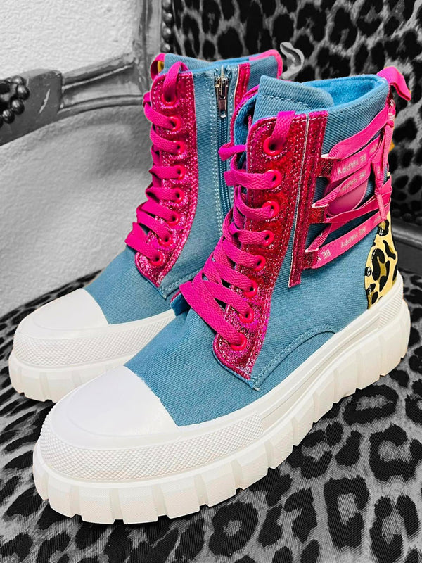 "Urban Leo" High - Top - Sneaker | Denim - Blau & Pink metallic| 36 - 40 - CurvyRausch - Plus Size Damenmode